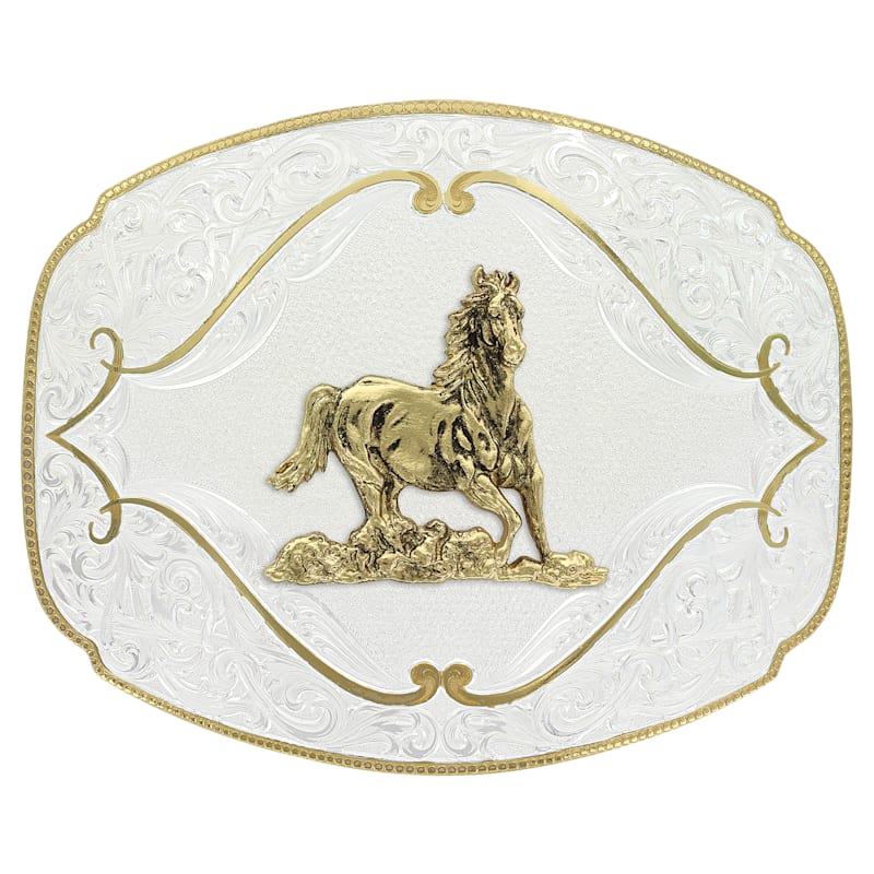 Montana Silversmiths Gold Flourish Galloping Horse Western Belt Buckle