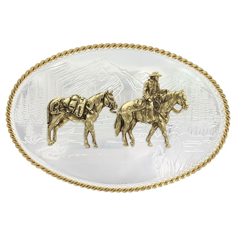 Montana Silversmiths Etched Mountains with Pack Horse and Rider Western Belt Buckle