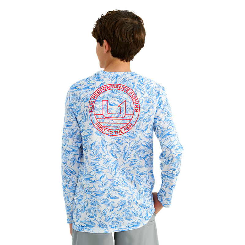 Huk KC Printed Pursuit Performance Crew-Neck Long-Sleeve Shirt for Kids