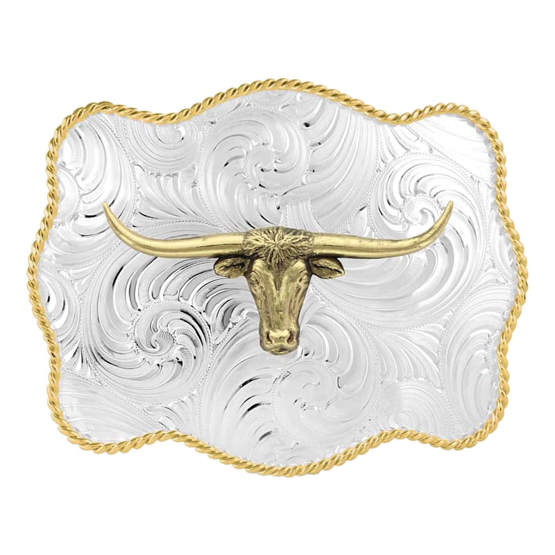 Montana Silversmiths Bold Engraved Longhorn Scalloped Belt Buckle