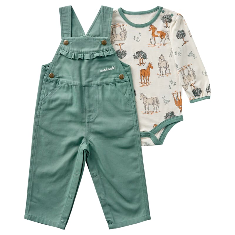 Carhartt Horse-Print Ruffled Overalls and Long-Sleeve Bodysuit Set for Babies
