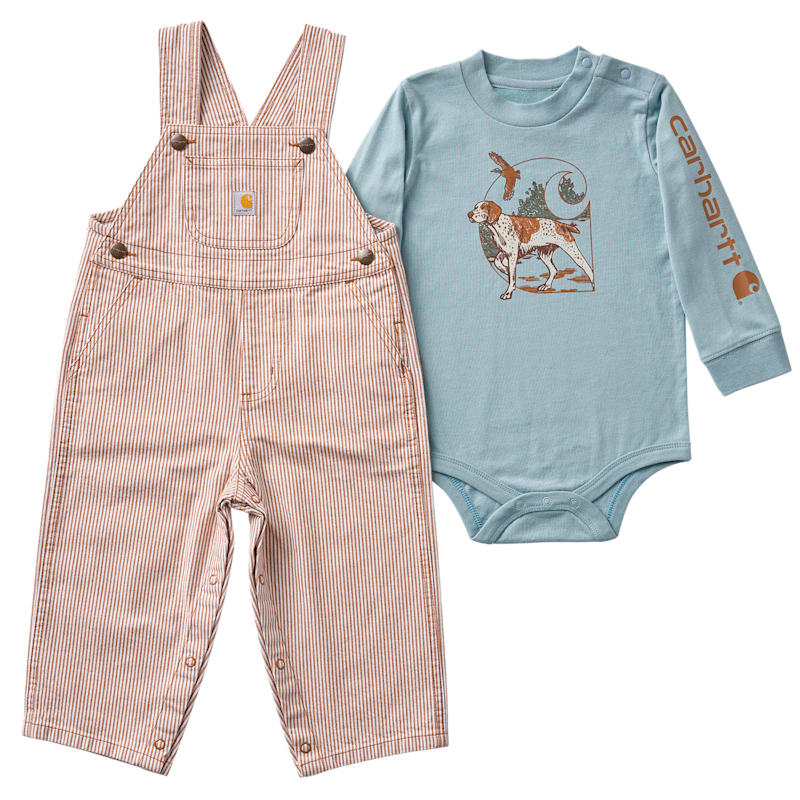 Carhartt Stripe Overalls and Dog Logo Long-Sleeve Bodysuit Set for Babies