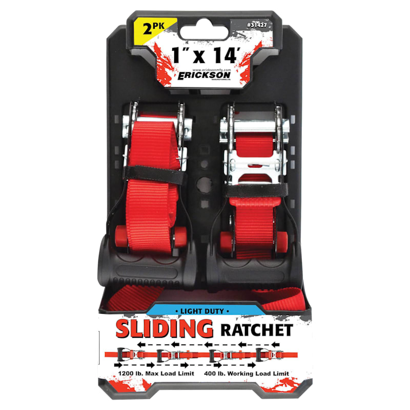 Erickson 1,200-Lb. Sliding Ratchet Straps with Cap Locks and Velcro 2-Pack