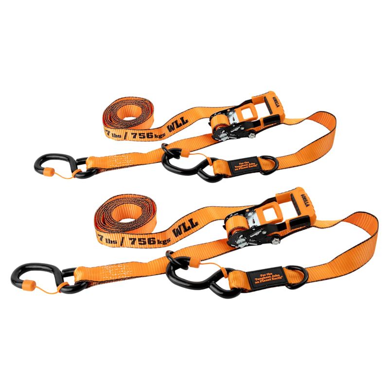 Gorilla 1.5" x 14' Ratchet Strap with Cap Locks and Floating D-Rings 2-Pack