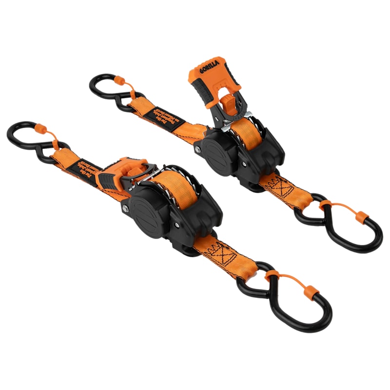 Gorilla 1" x 10' Retractable Ratchet Strap with Cap Locks 2-Pack