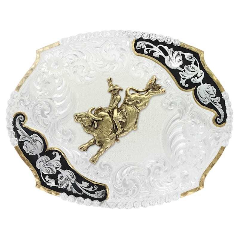 Montana Silversmiths Antique Leaves Western Belt Buckle with Bull Rider