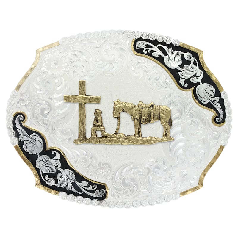 Montana Silversmiths Antique Leaves Western Belt Buckle with Christian Cowboy