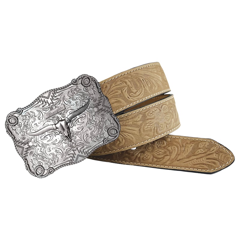 Wrangler Crazy Horse Floral Embossed Leather Strap Western Belt