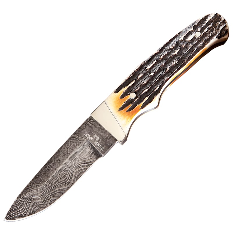 Bear & Son Cutlery Genuine India Stag-Bone Damascus Fixed-Blade Knife