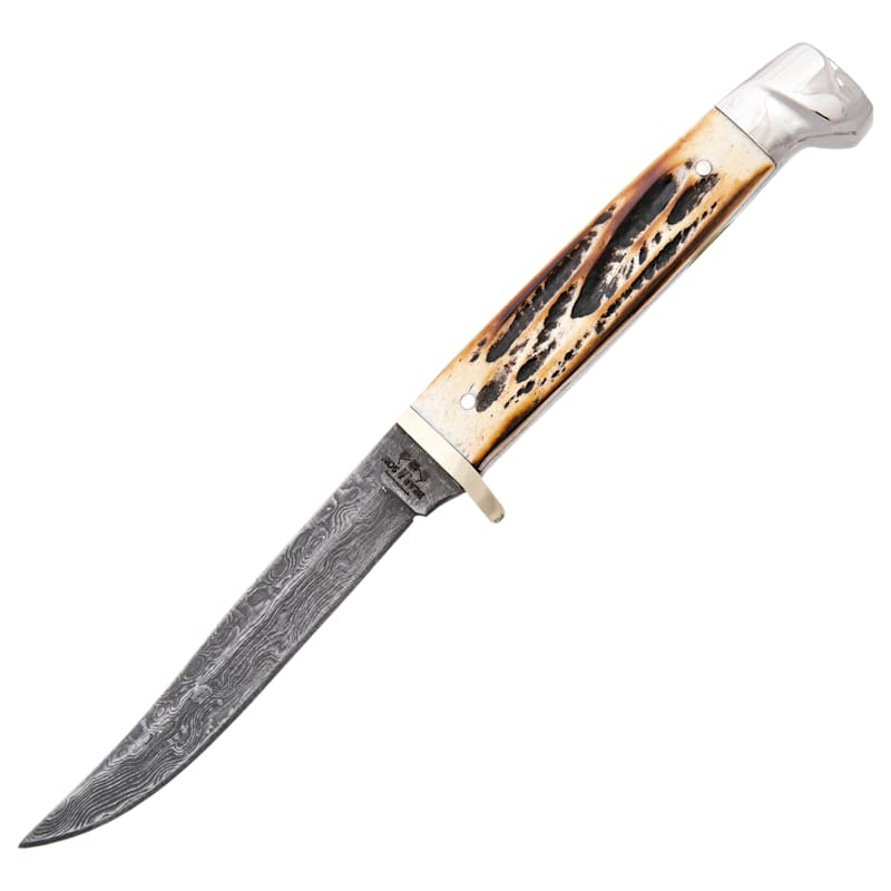 Bear & Son Small Genuine India Stag Bone Damascus Hunter Fixed-Blade Knife