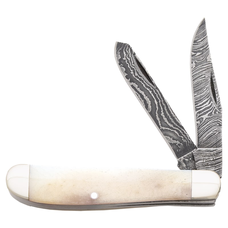 Bear & Son Cutlery White Smooth Bone Mini Trapper Damascus Folding Knife