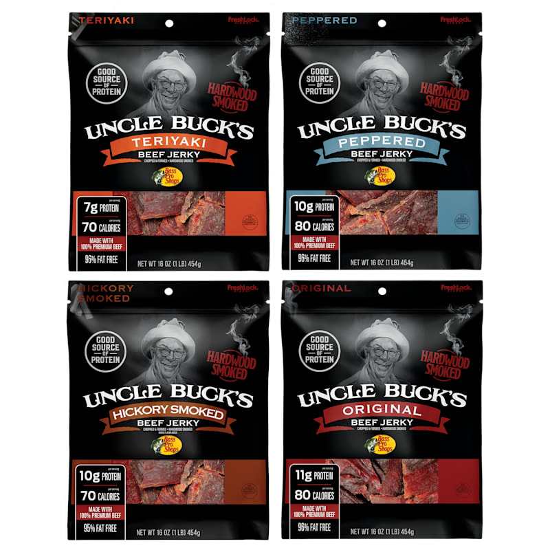 Bass Pro Shops Uncle Buck's Original, Teriyaki, Peppered, and Hickory-Smoked Beef Jerky 4-Pack Combo