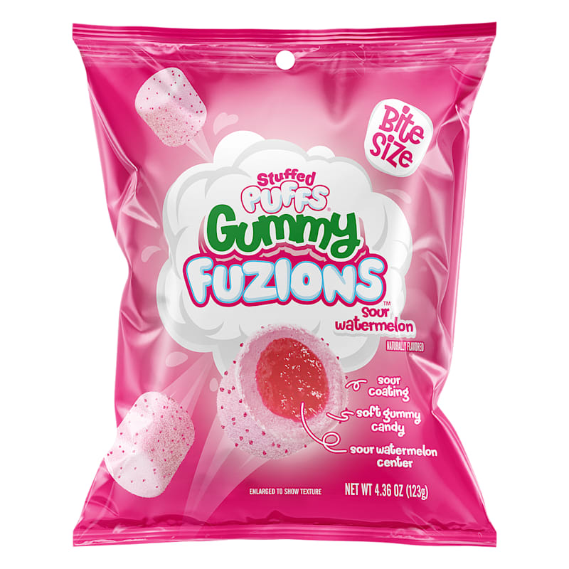 Stuffed Puffs Sour Watermelon Gummy Fuzions Filled Marshmallow Bites