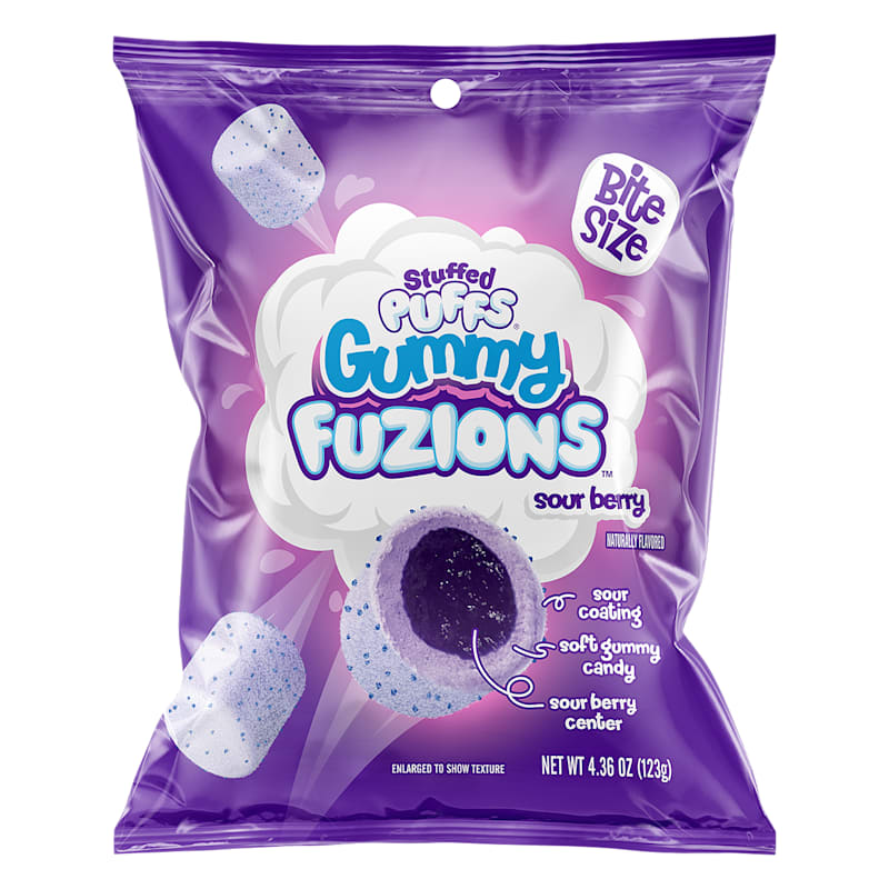 Stuffed Puffs Sour Berry Gummy Fuzions Filled Marshmallow Bites