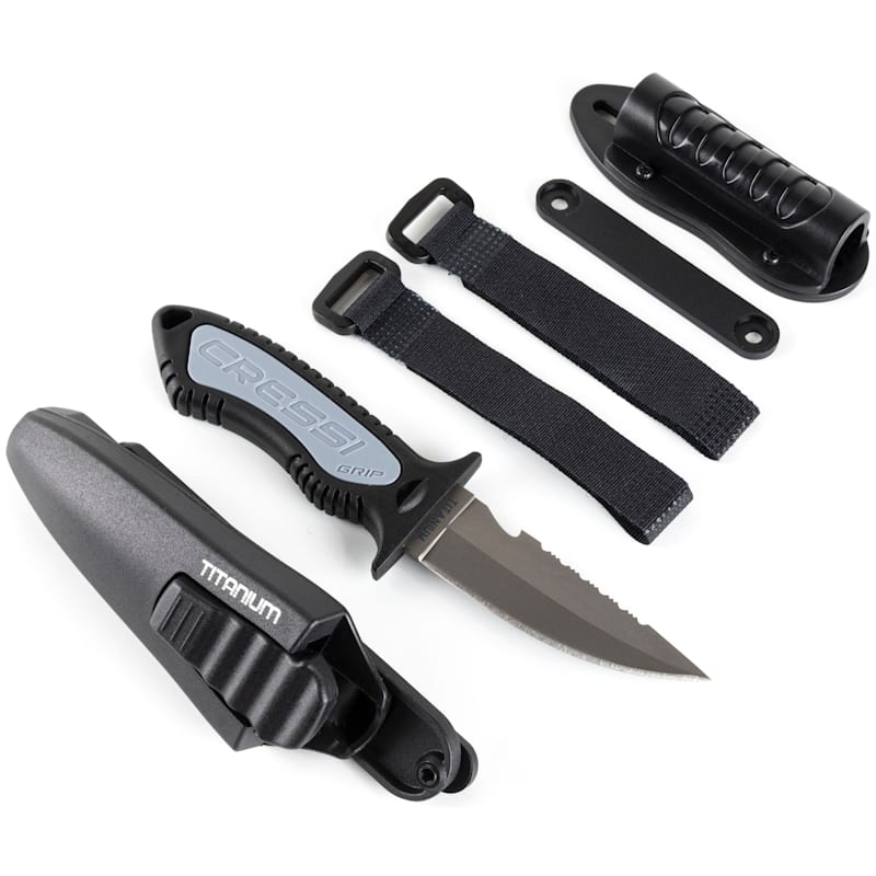 Cressi Grip Titanium Diving Knife for Scuba, Snorkeling, and Spearfishing with Sheath and BCD Holder