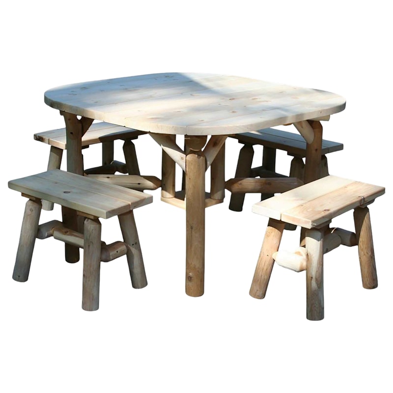 Lakeland Mills Cedar Log 47" Roundabout Table and 4 Bench Outdoor Dining Set