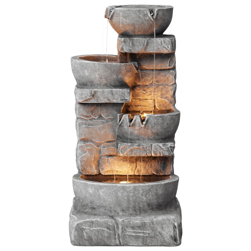Teamson Home Cascading Bowls and Stacked Stones LED Outdoor Water Fountain