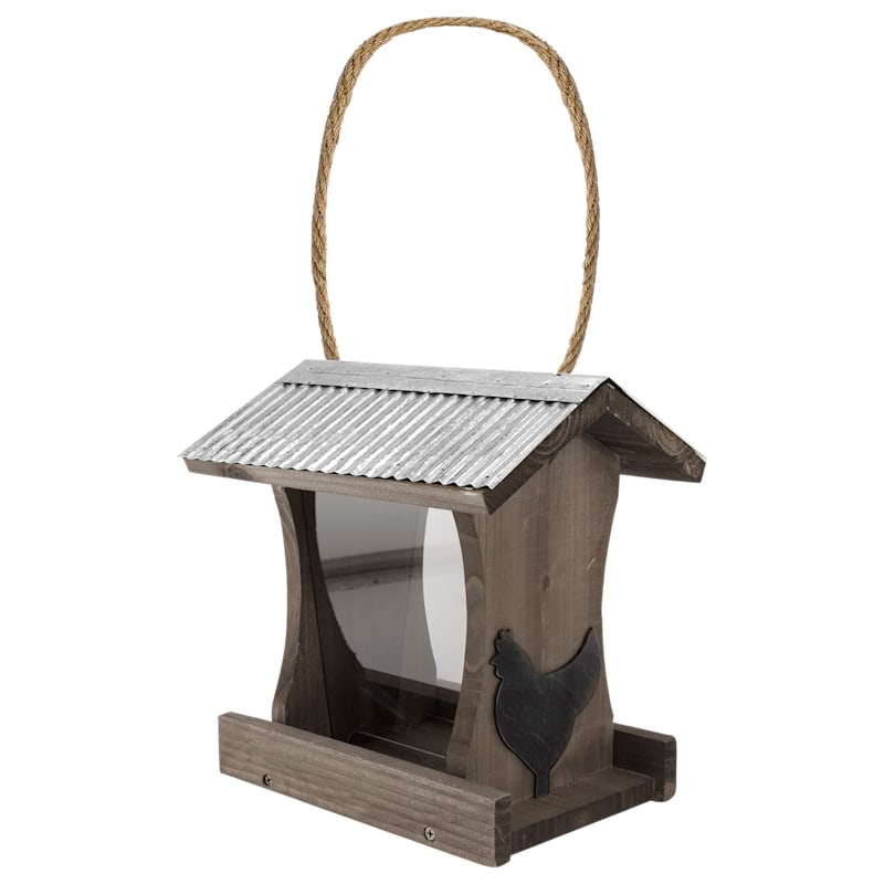 WoodLink Rustic Farmhouse Tall Hopper Feeder with Metal Rooster Stamping