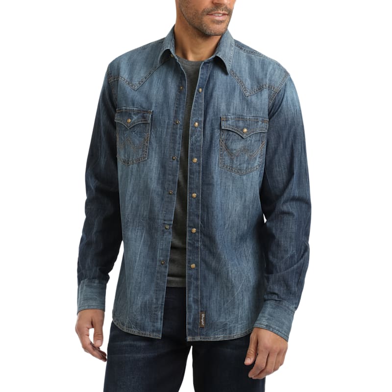 Wrangler Retro Blue Denim Long-Sleeve Western Shirt for Men