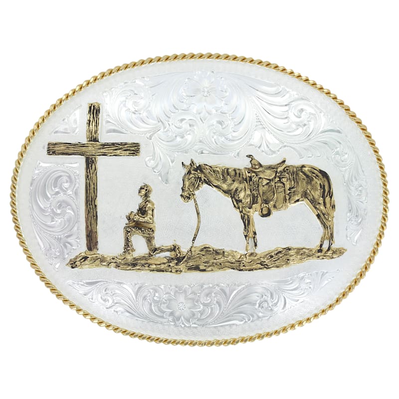 Montana Silversmiths Silver Engraved Western Belt Buckle with Christian Cowboy